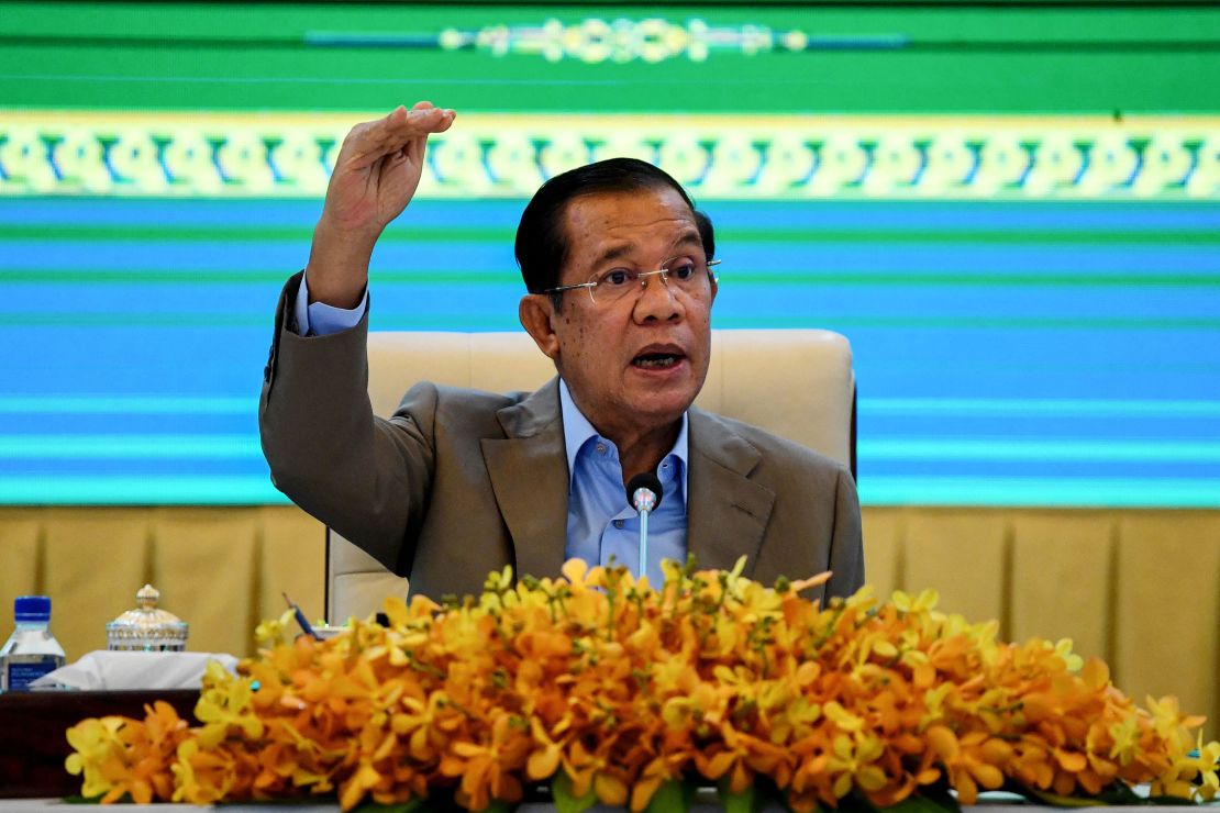 Cambodia's Prime Minister Hun Sen gestures during a news conference at the Peace Palace in Phnom Penh on September 17, 2021. 