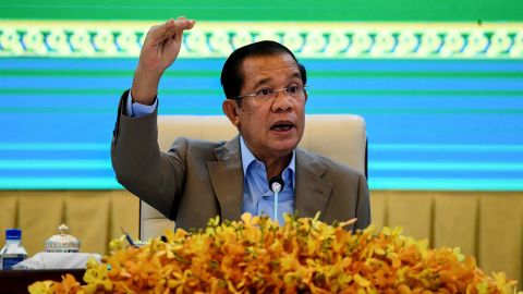 Cambodia's Prime Minister Hun Sen gestures during a news conference at the Peace Palace in Phnom Penh on September 17, 2021. 