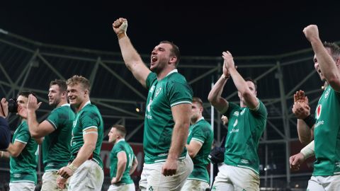 Ireland players celebrate their 29-20 victory over New Zealand in the international rugby union match between Ireland and New Zealand, at the Aviva Stadium in Dublin, Saturday, November 13.