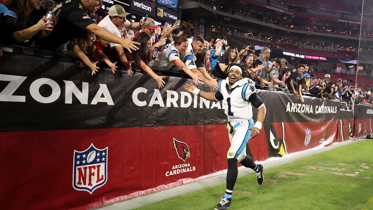 Newton celebrates with fans after  beating the Arizona Cardinals.