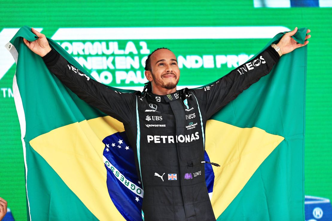 Lewis Hamilton celebrates winning on Sunday. 