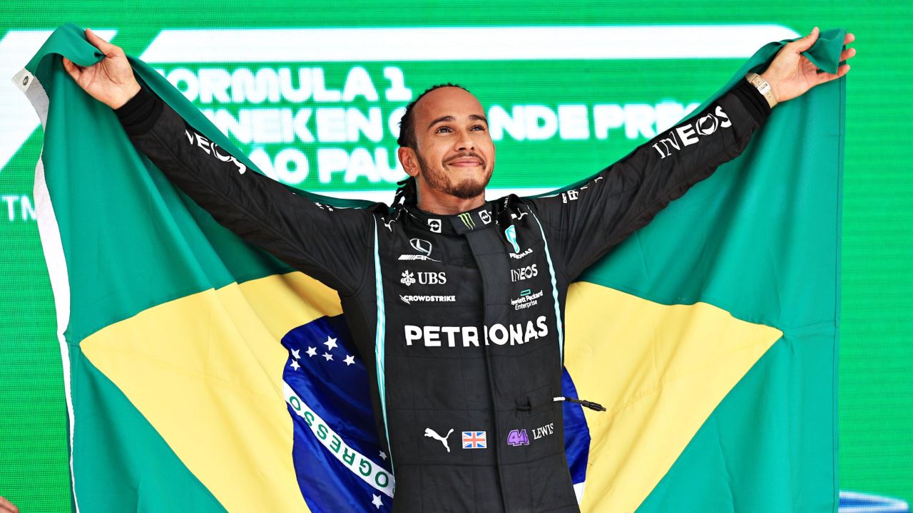 Lewis Hamilton celebrates winning on Sunday. 