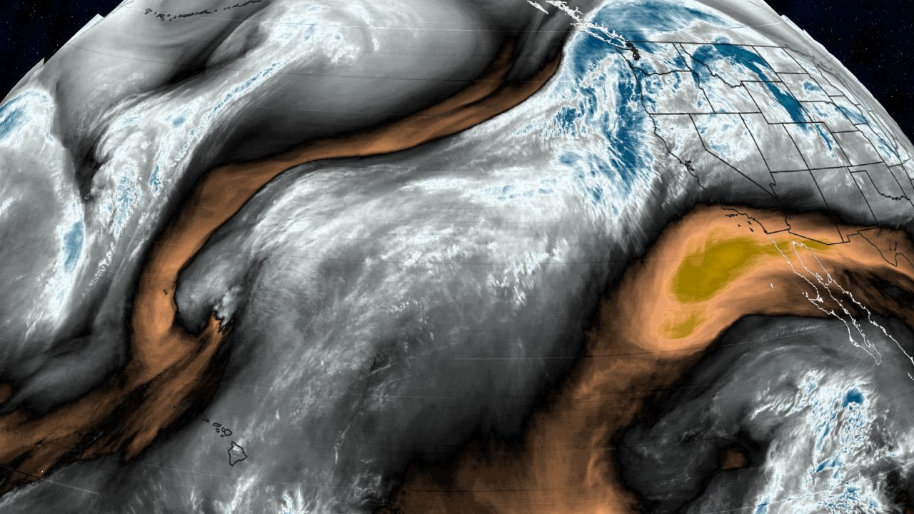 An atmospheric river pumps incredible amounts of moisture off the Pacific into the Pacific Northwest, resulting in heavy rain. You can see the moisture being pulled in on this water vapor image.