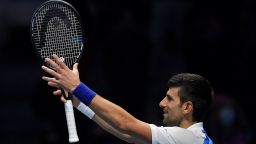 Serbia's Novak Djokovic celebrates after winning to Norway's Casper Ruud during their single match of ATP Finals' first round at the Pala Alpitour venue in Turin on November 15, 2021. (Photo by Marco BERTORELLO / AFP) (Photo by MARCO BERTORELLO/AFP via Getty Images)