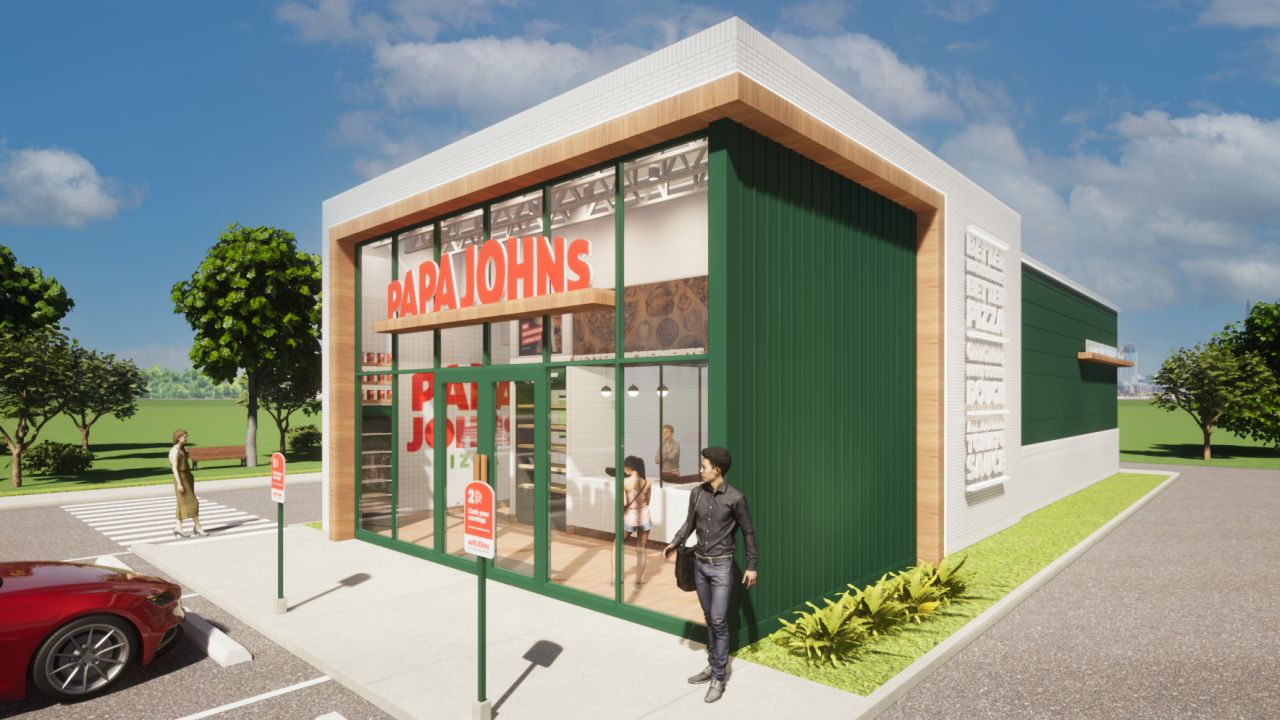 A rendering of a new Papa Johns store 