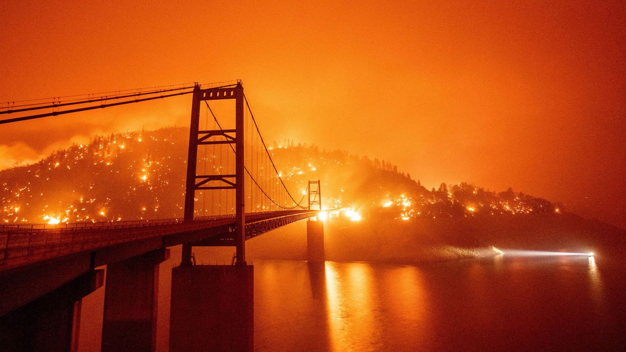 The Bidwell Bar Bridge in Oroville, California, surrounded by fire in September 2020.