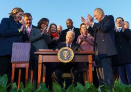 President Joe Bidens signs the Infrastructure Investment and Jobs Act on the South Lawn of the White House on Monday, November 15, 2021.