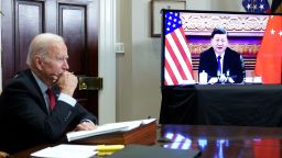 US President Joe Biden meets with China's President Xi Jinping during a virtual summit from the Roosevelt Room of the White House in Washington, DC, November 15, 2021. (Photo by MANDEL NGAN / AFP) (Photo by MANDEL NGAN/AFP via Getty Images)