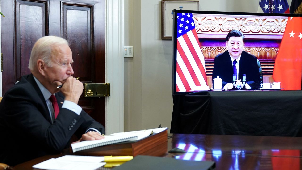 Biden meets with China's President Xi Jinping during a virtual summit from the Roosevelt Room of the White House November 15.