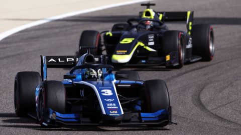 Guanyu Zhou of China and UNI-Virtuosi Racing (3) leads Dan Ticktum of Great Britain and Carlin (5) during the Feature Race of Round 1:Sakhir of the Formula 2 Championship at Bahrain International Circuit on March 28, 2021 in Bahrain.