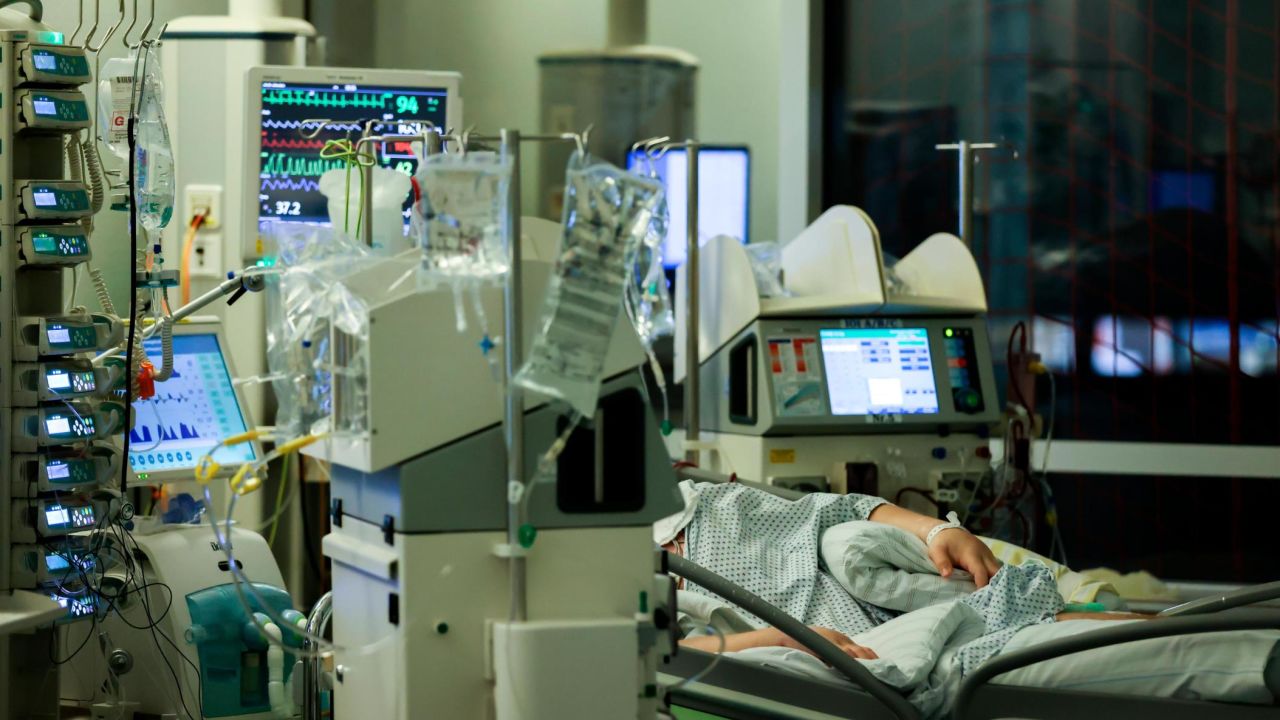 A Covid 19 patient at Leipzig University Hospital in Saxony. Vaccine uptake is low in the eastern German region, and hospitals are straining under the pressure of new admissions.