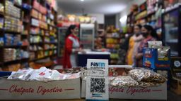 A QR code for Paytm is pictured at a shop in New Delhi on Nov. 8, 2021. 