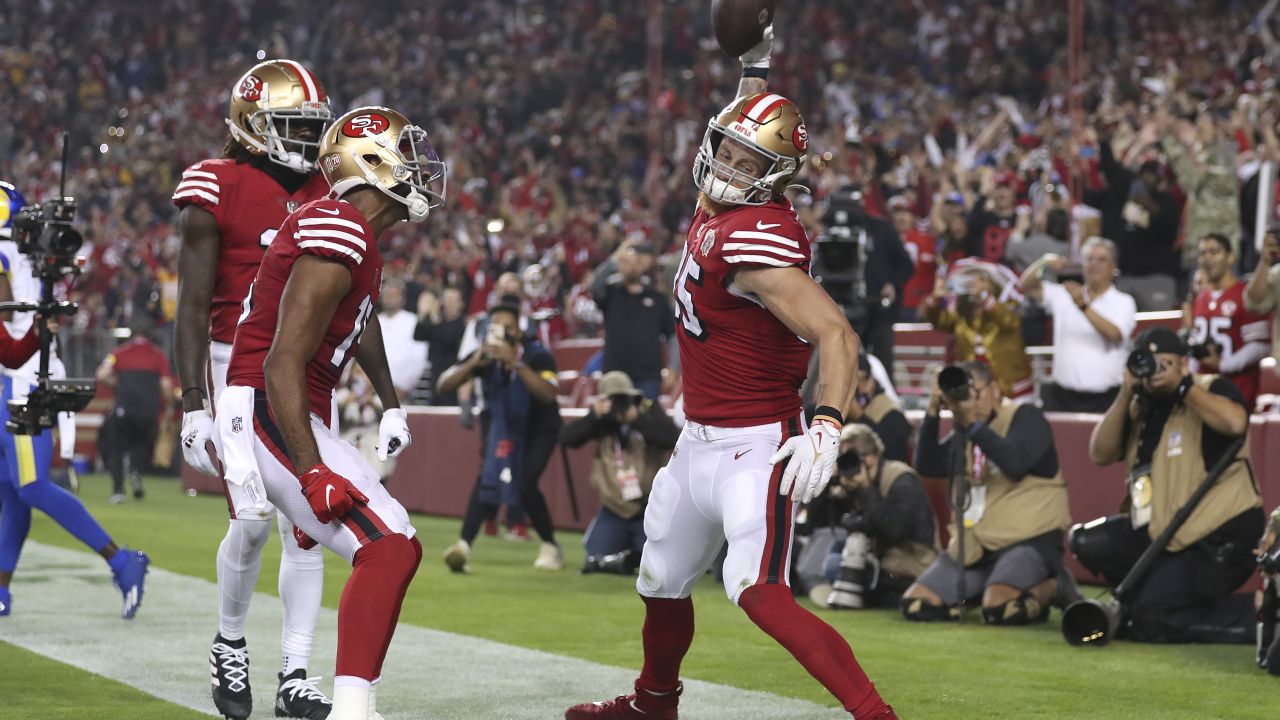San Francisco 49ers tight end George Kittle celebrates after catching a touchdown against the Los Angeles Rams. 