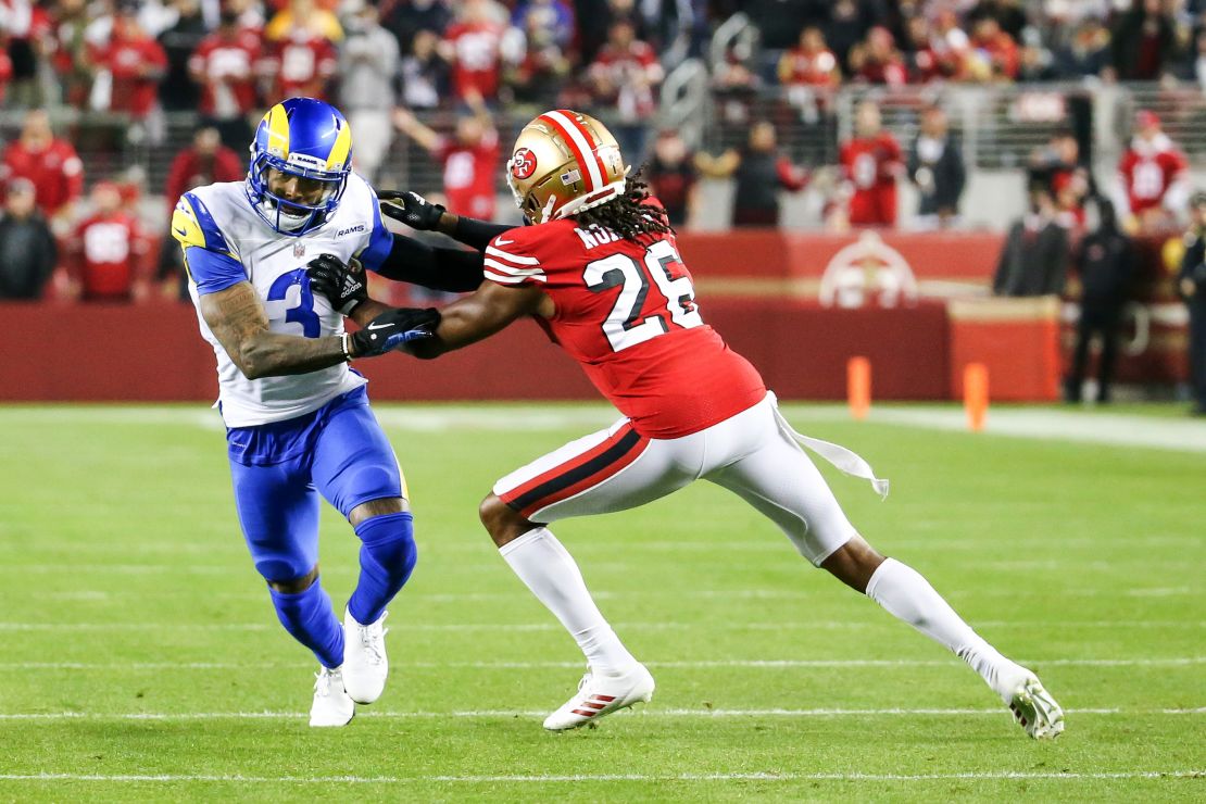 49ers cornerback Josh Norman jams Los Angeles Rams wide receiver Odell Beckham Jr.
