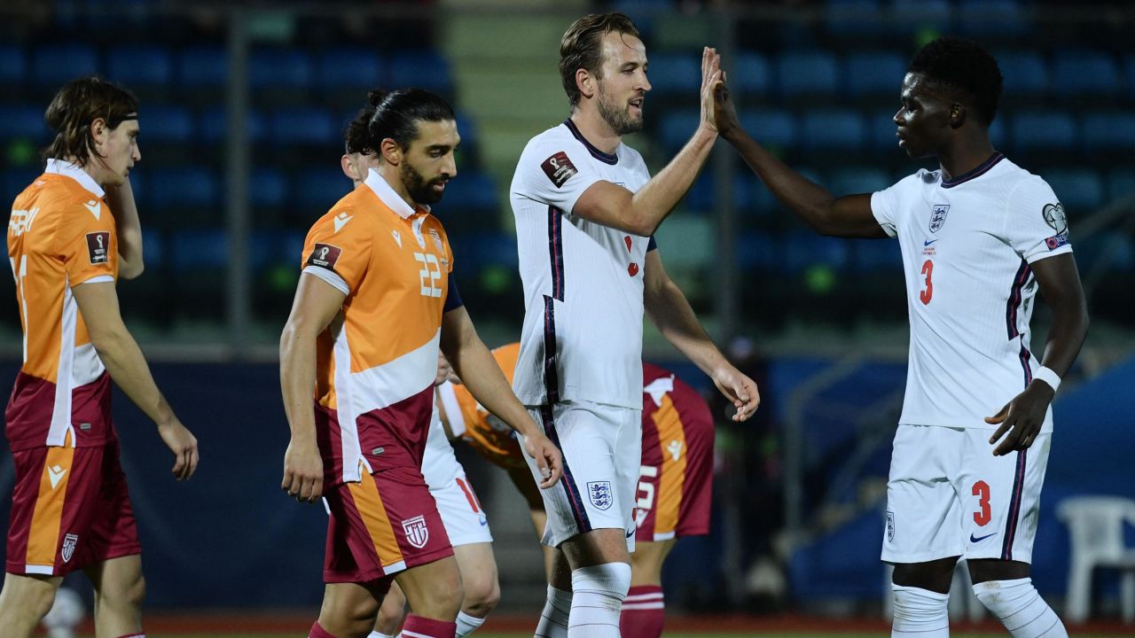 Harry Kane celebrates as England thrashes San Marino.