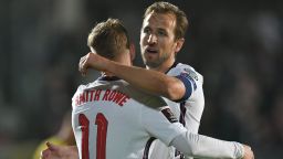 SERRAVALLE, SAN MARINO - NOVEMBER 15: Emile Smith Rowe of England celebrates with Harry Kane after scoring their team's seventh goal during the 2022 FIFA World Cup Qualifier match between San Marino and England at San Marino Stadium on November 15, 2021 in Serravalle, San Marino. (Photo by Alessandro Sabattini/Getty Images)