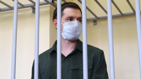 MOSCOW, RUSSIA - JULY 30, 2020: A former US marine and University of North Texas student, Trevor Reed, charged with use of violence against a representative of power, is seen during a sentencing hearing at Moscow's Golovinsky District Court. The court has found the American student guilty and sentenced him to 9 years in prison colony. Reed, who arrived in Russia on a tourist visa, was detained by the police in Moscow in August 2019 after his neighbours complained about a drunk man arguing with women. Reed attacked police officers in a car when he was being taken to a police station. Reed, who has been held in a pretrial detention centre since 2019, pleaded not guilty. Vyacheslav Prokofyev/TASS (Photo by Vyacheslav Prokofyev\TASS via Getty Images)