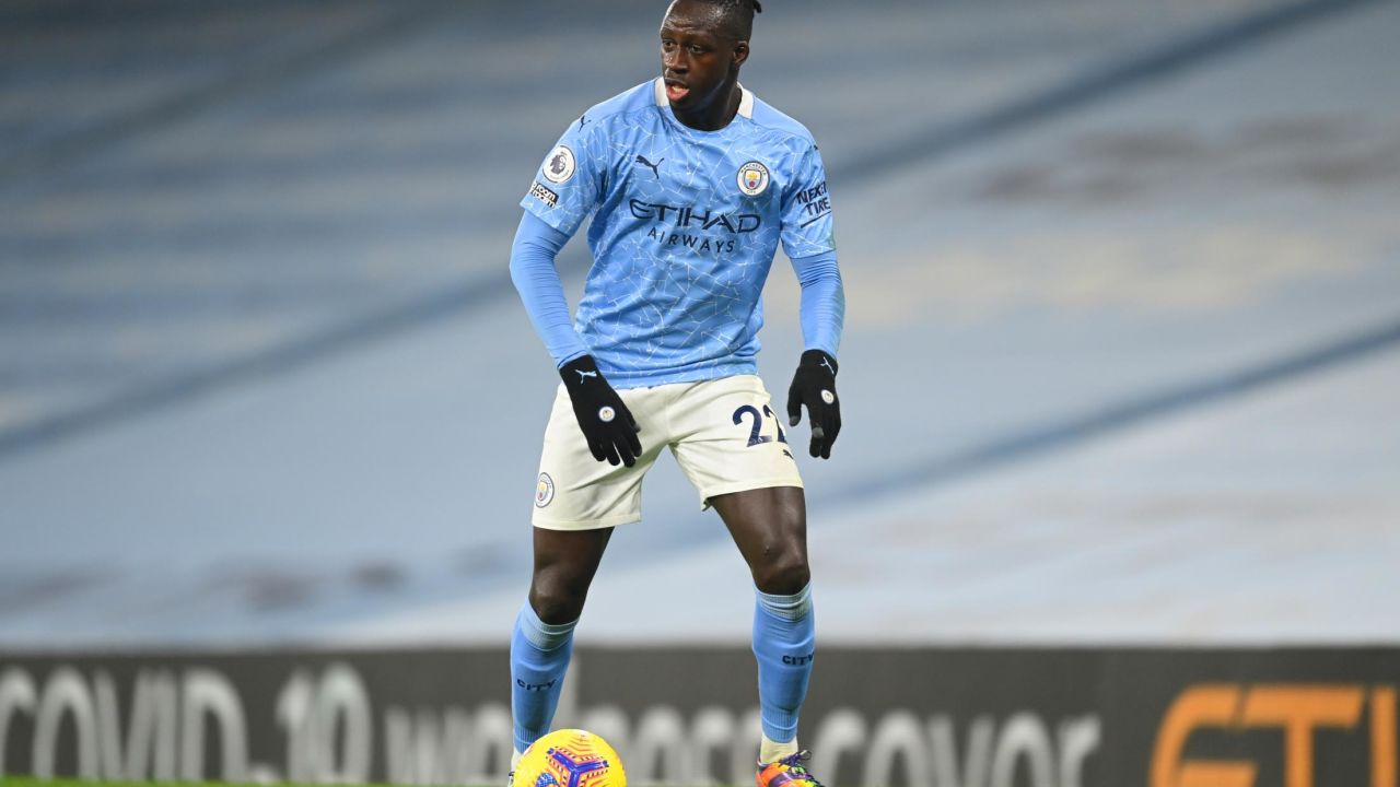 Benjamin Mendy in action during the Premier League match between Manchester City and West Bromwich Albion at the Etihad Stadium on December 15, 2020.
