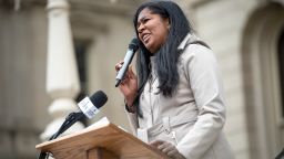 LANSING, MI - OCTOBER 12: Michigan Secretary of State candidate Kristina Karamo speaks at the Michigan State Capitol on October 12, 2021 in Lansing, Michigan. Several hundred demonstrators gathered at the capitol demanding a forensic audit of the 2020 U.S. presidential election. (Photo by Nic Antaya/Getty Images)