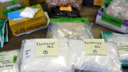 Plastic bags of fentanyl are displayed on a table at the U.S. Customs and Border Protection area at the International Mail Facility at O'Hare International Airport in Chicago, Illinois, U.S. November 29, 2017. Picture taken November 29, 2017. REUTERS/Joshua Lott