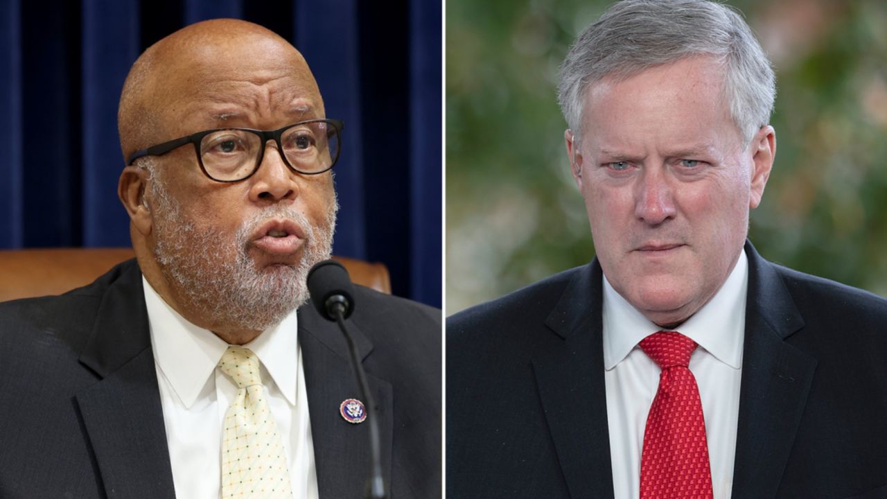 At left, chairman of the January 6 committee Bennie Thompson and, at right, former chief of staff for then-President Donald Trump Mark Meadows.
