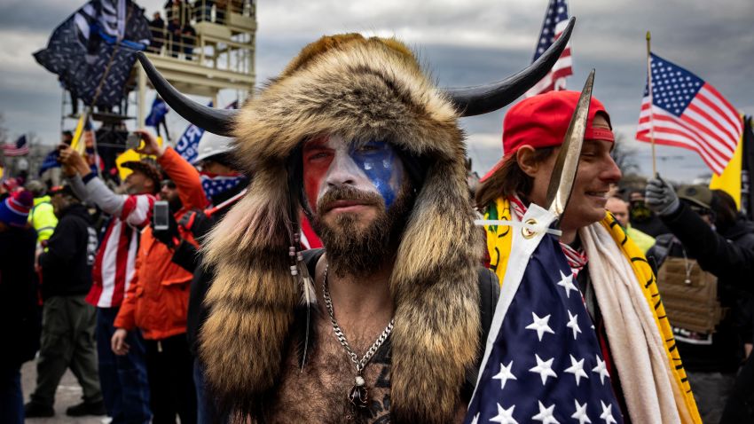 Jacob Anthony Angeli Chansley, known as the QAnon Shaman, is seen at the Capital riots on Jan. 6, 2021 in Washington. 