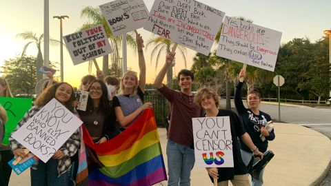 A group of students at Flagler County Schools in Bonnell, Florida, organized a protest against the potential removal of "All Boys Aren't Blue" and other books from their school. From left to right, Jackson Castañeda, Neveah Edwards, Madison Winter, Paige Reckenwald, Jack Petocz, Cameron Driggers and Haley Stephenson.