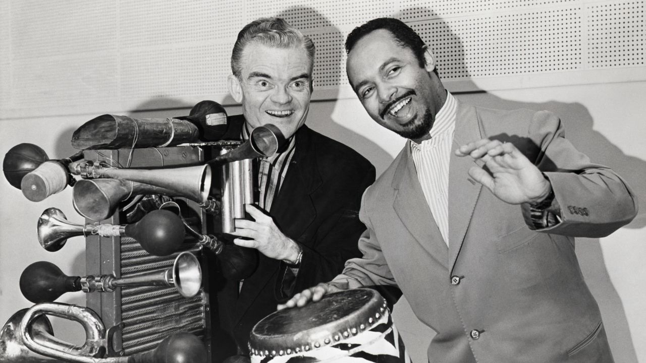 Musician and bandleader Spike Jones (left) with bandleader Dámaso Pérez Prado.
