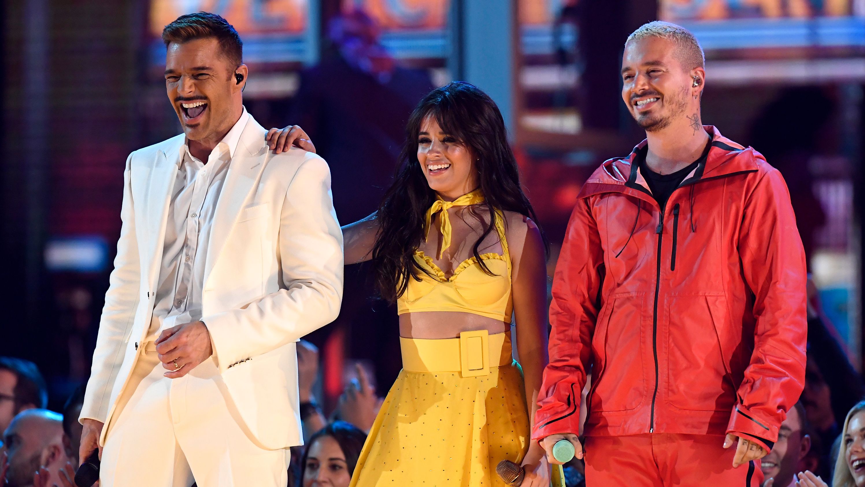 Ricky Martin, Camila Cabello and J Balvin onstage at the Grammy Awards in 2019.