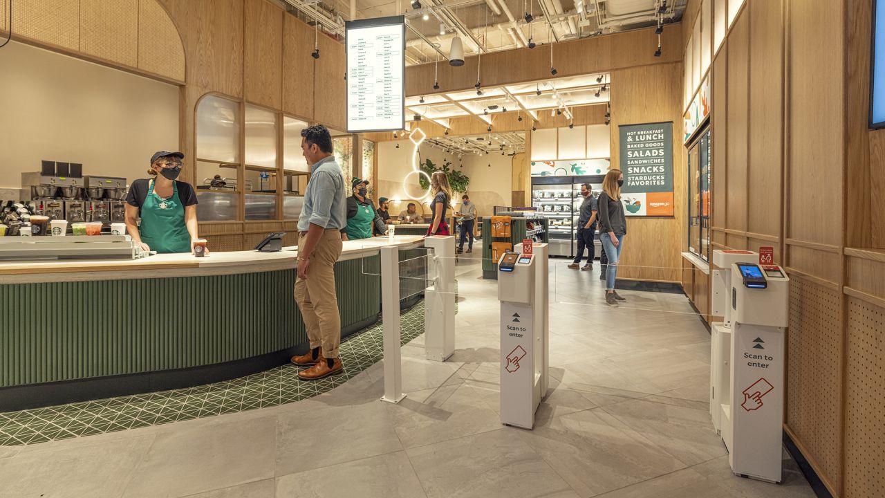 Starbucks and Amazon Go's new concept store in New York City. 