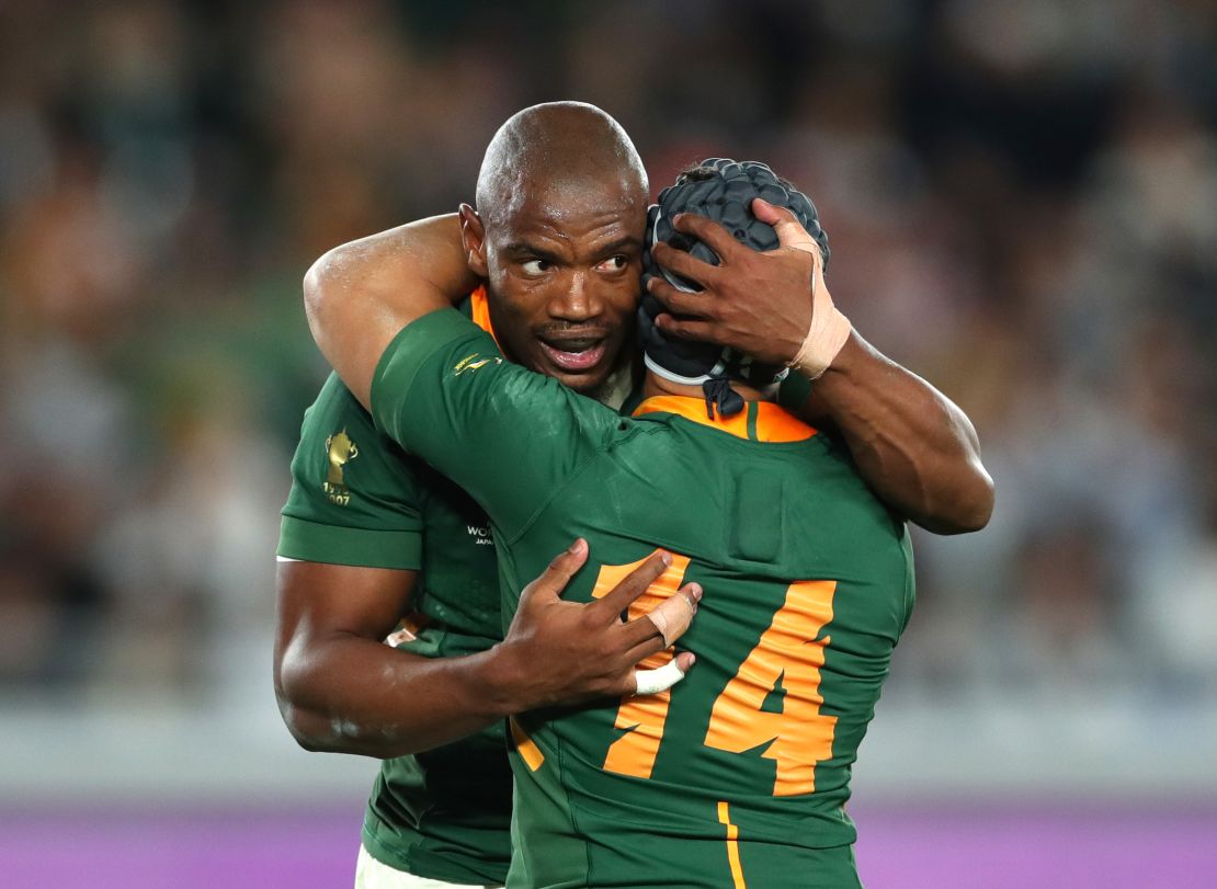 Mapimpi (left) and Kolbe embrace during the 2019 Rugby World Cup final. 