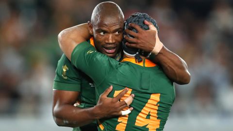 Mapimpi (left) and Kolbe embrace during the 2019 Rugby World Cup final.