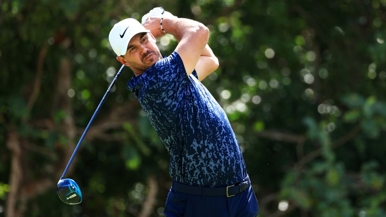 Koepka plays his shot from the seventh tee during the second round of the World Wide Technology Championship at Mayakoba.