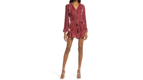 Fraiche by J. Velvet Ruffle Tie-Waist Romper