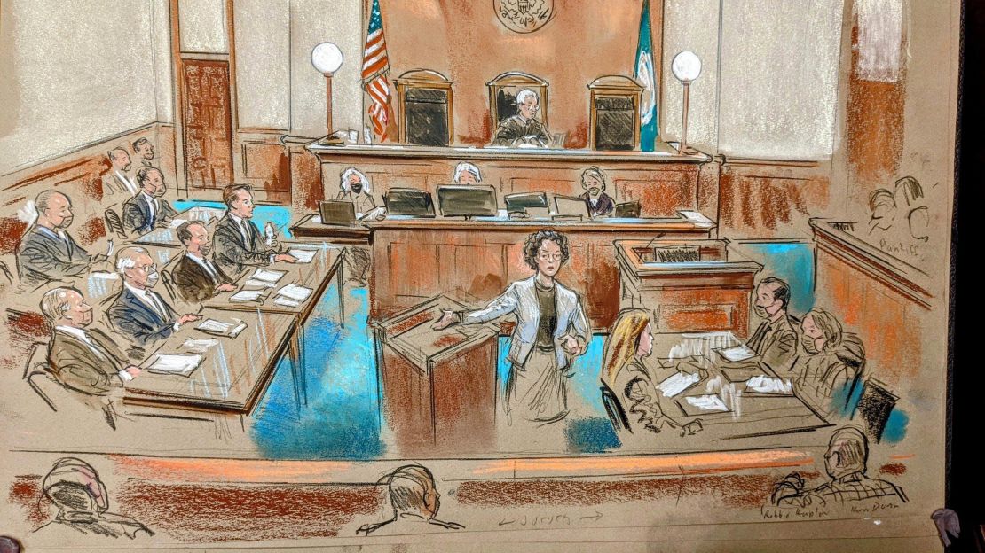 A courtroom sketch shows opening statements in the civil trial against the organizers of the deadly Unite the Right rally in Charlottesville, Virginia, in 2017.