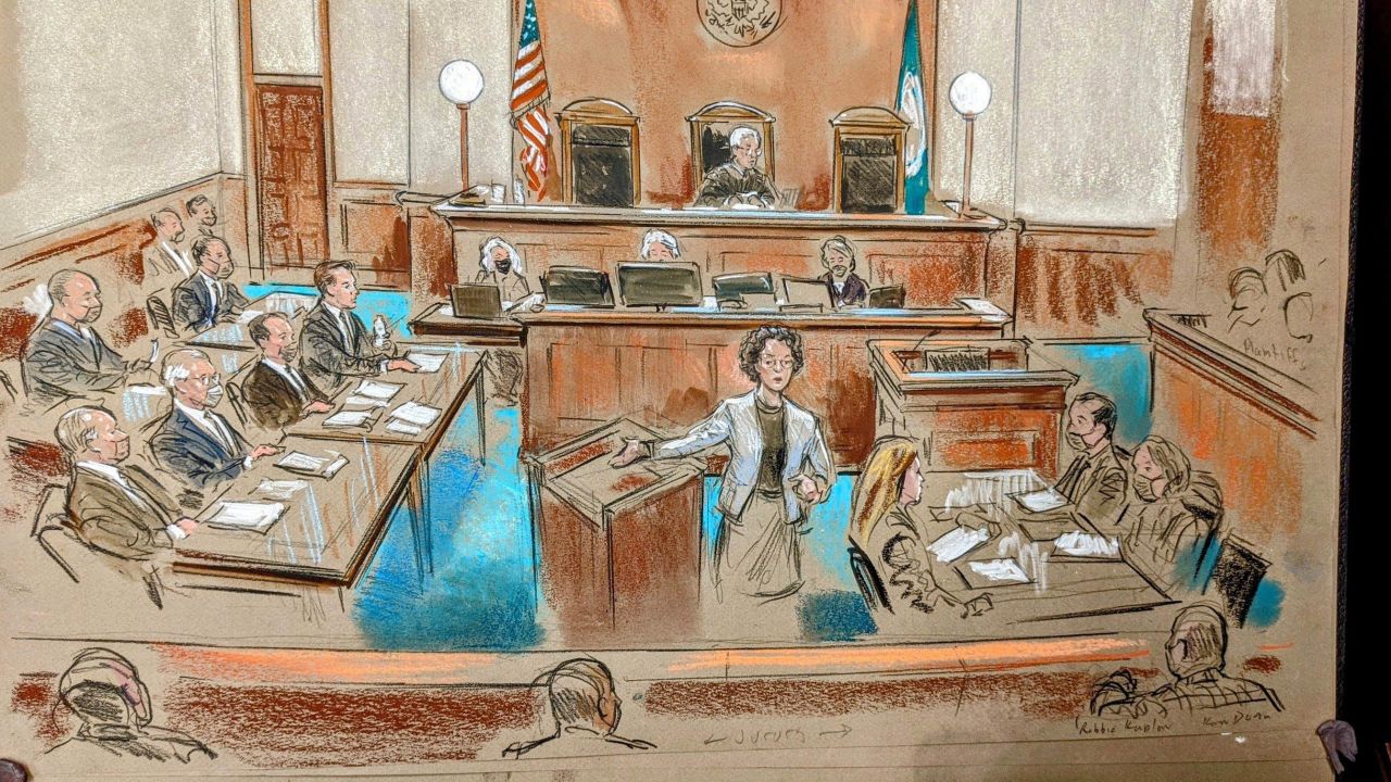 A courtroom sketch shows opening statements in the civil trial against the organizers of the deadly Unite the Right rally in Charlottesville, Virginia, in 2017.