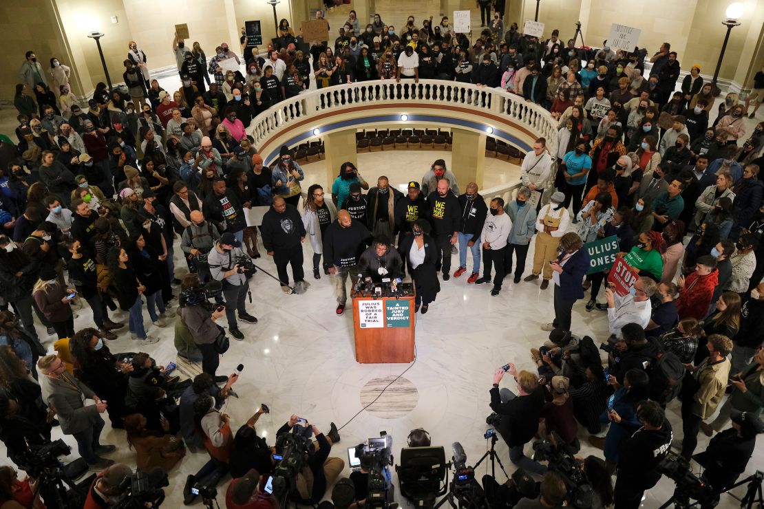 Madeline Davis-Jones and other family members and friends talk to reporters Wednesday at the Capitol in Oklahoma City 