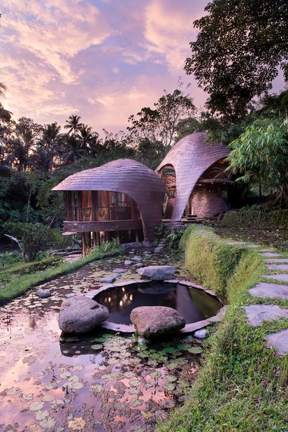 Hardy takes inspiration from nature for her designs, and embraces the natural curves of bamboo. Elements such as leaf-shaped lodges and rounded roofs, seen in the Riverbend House at Bambu Indah in Ubud, Bali, are common in Ibuku's projects.