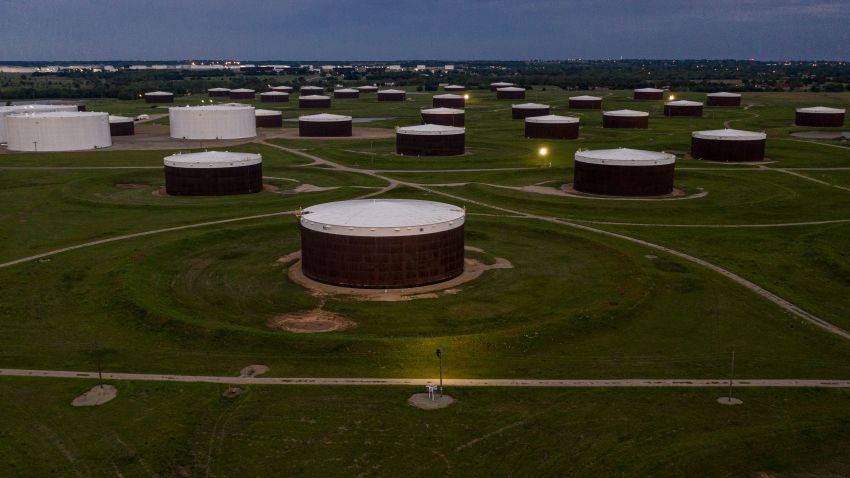 An aerial view of a crude oil storage facility is seen on May 5, 2020 in Cushing, Oklahoma.