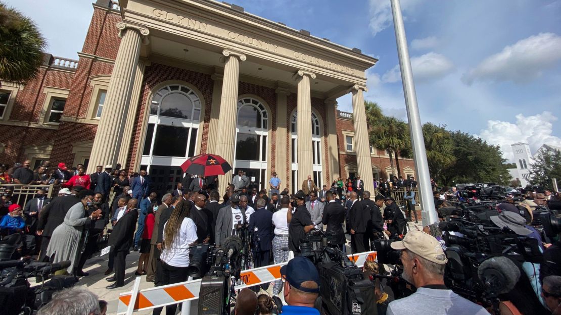 Hundreds of pastors rally during the trial of Greg McMichael and his son, Travis McMichael, and a neighbor, William "Roddie" Bryan outside the Glynn County Courthouse.