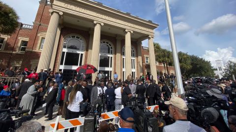 Hundreds of pastors rally during the trial of Greg McMichael and his son, Travis McMichael, and a neighbor, William "Roddie" Bryan outside the Glynn County Courthouse. 