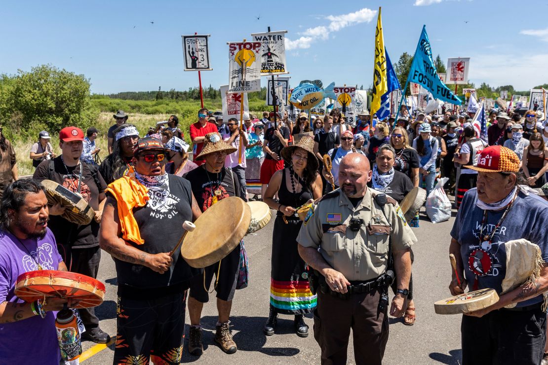 Indigenous activists protest the construction of the Line 3 pipeline in Solway, Minnesota on June 7, 2021.