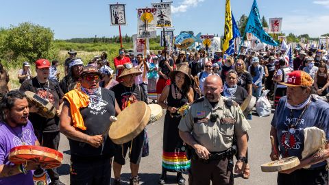 Indigenous activists protest the construction of the Line 3 pipeline in Solway, Minnesota on June 7, 2021.