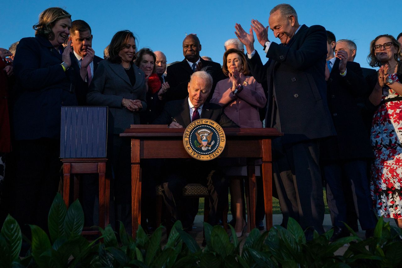 Biden signs a <a href="https://www.cnn.com/2021/11/15/politics/biden-signing-ceremony-infrastructure-bill-white-house/index.html" target="_blank">bipartisan infrastructure bill</a> into law during a White House ceremony in November 2021. The $1.2 trillion legislation focuses on infrastructure such as roads and bridges.