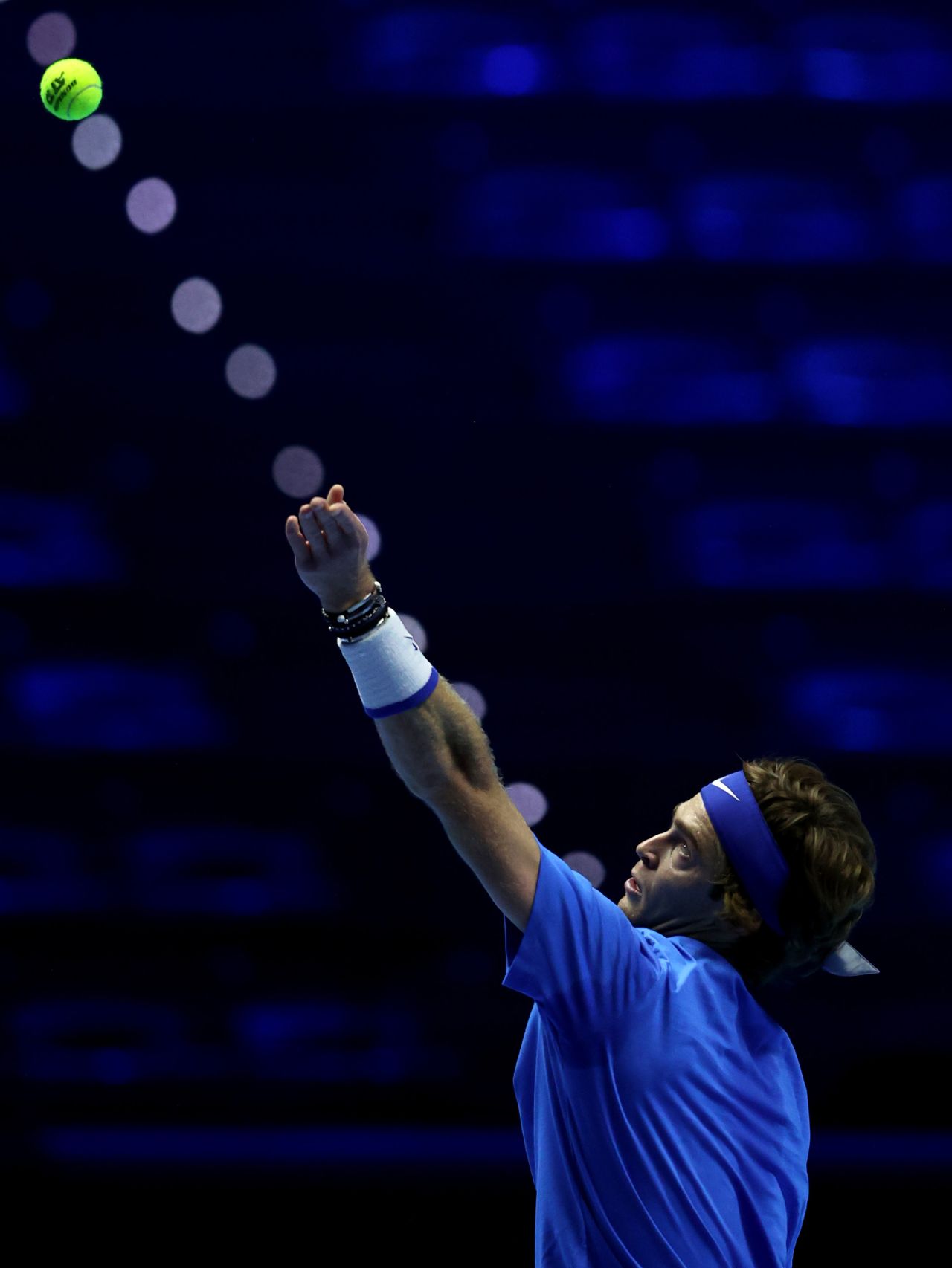 Andrey Rublev practices his serve Saturday, November 13, at the ATP Finals in Turin, Italy.