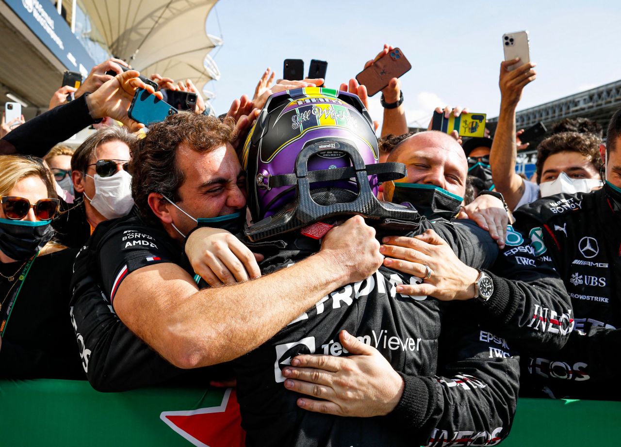 Formula One driver Lewis Hamilton celebrates with his team after <a href="https://www.cnn.com/2021/11/15/motorsport/lewis-hamilton-sao-paulo-grand-prix-win-spt-intl/index.html" target="_blank">winning the São Paulo Grand Prix</a> in Brazil on Sunday, November 14. Hamilton started the race in 10th but worked his way through the grid and held off title rival Max Verstappen for a dramatic victory.