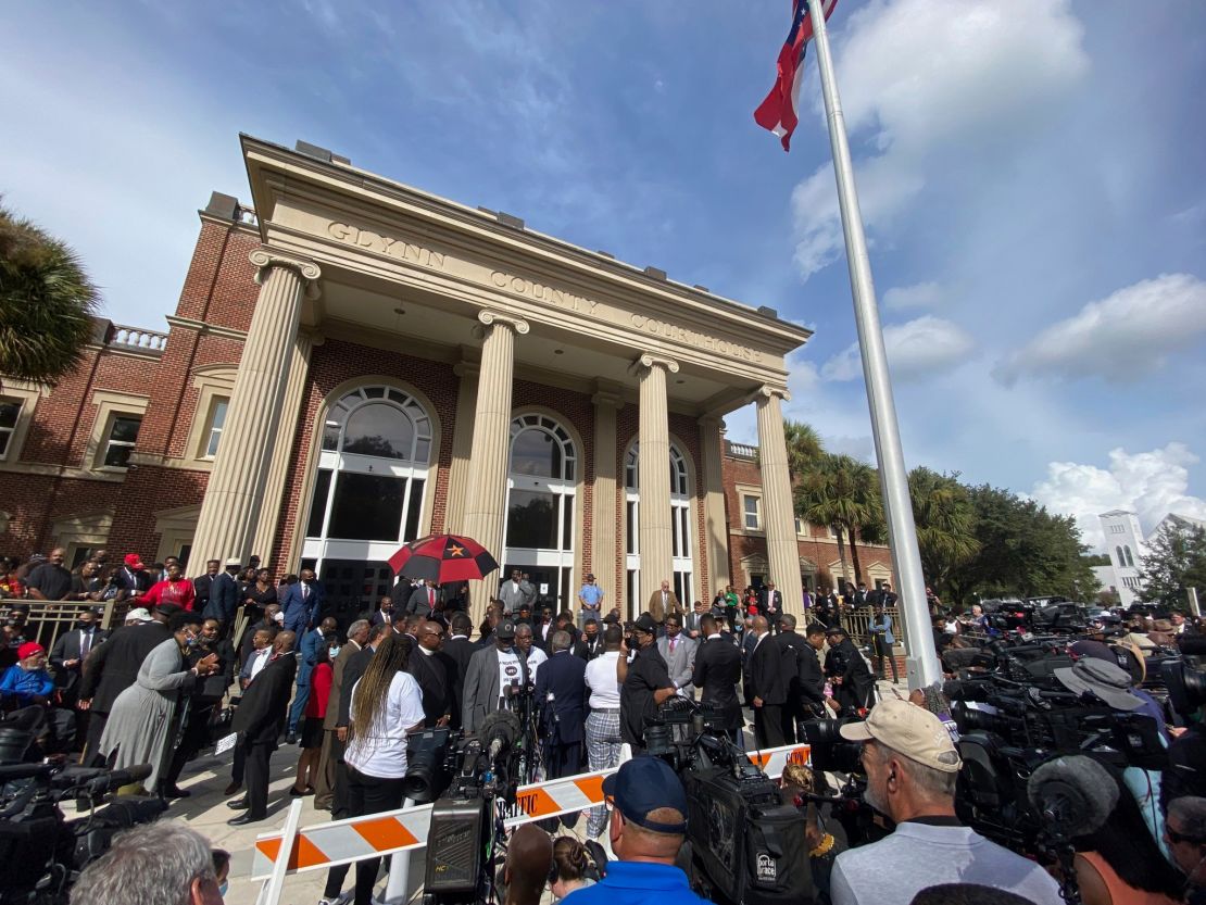 Hundreds of pastors rally outside the Glynn County Courthouse, Thursday, Nov. 18, 2021, in Brunswick, Ga.