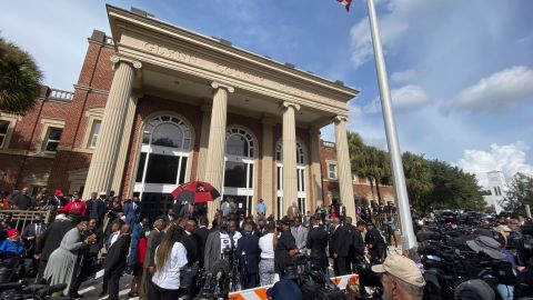 Hundreds of pastors rally outside the Glynn County Courthouse, Thursday, Nov. 18, 2021, in Brunswick, Ga.  