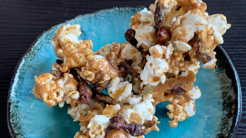 Grasshopper caramel popcorn. Insects are regularly consumed by an estimated <a href="index.php?page=&url=http%3A%2F%2Fwww.fao.org%2F3%2Fi3253e%2Fi3253e.pdf" target="_blank" target="_blank">2 billion people</a> and could be a way to feed the planet more sustainably, if more Westerners can be persuaded to eat them. 