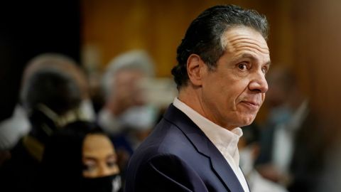 Then-New York Gov. Andrew Cuomo speaks before getting vaccinated at the mass vaccination site at Mount Neboh Baptist Church in Harlem on March 17, 2021 in New York City. 
